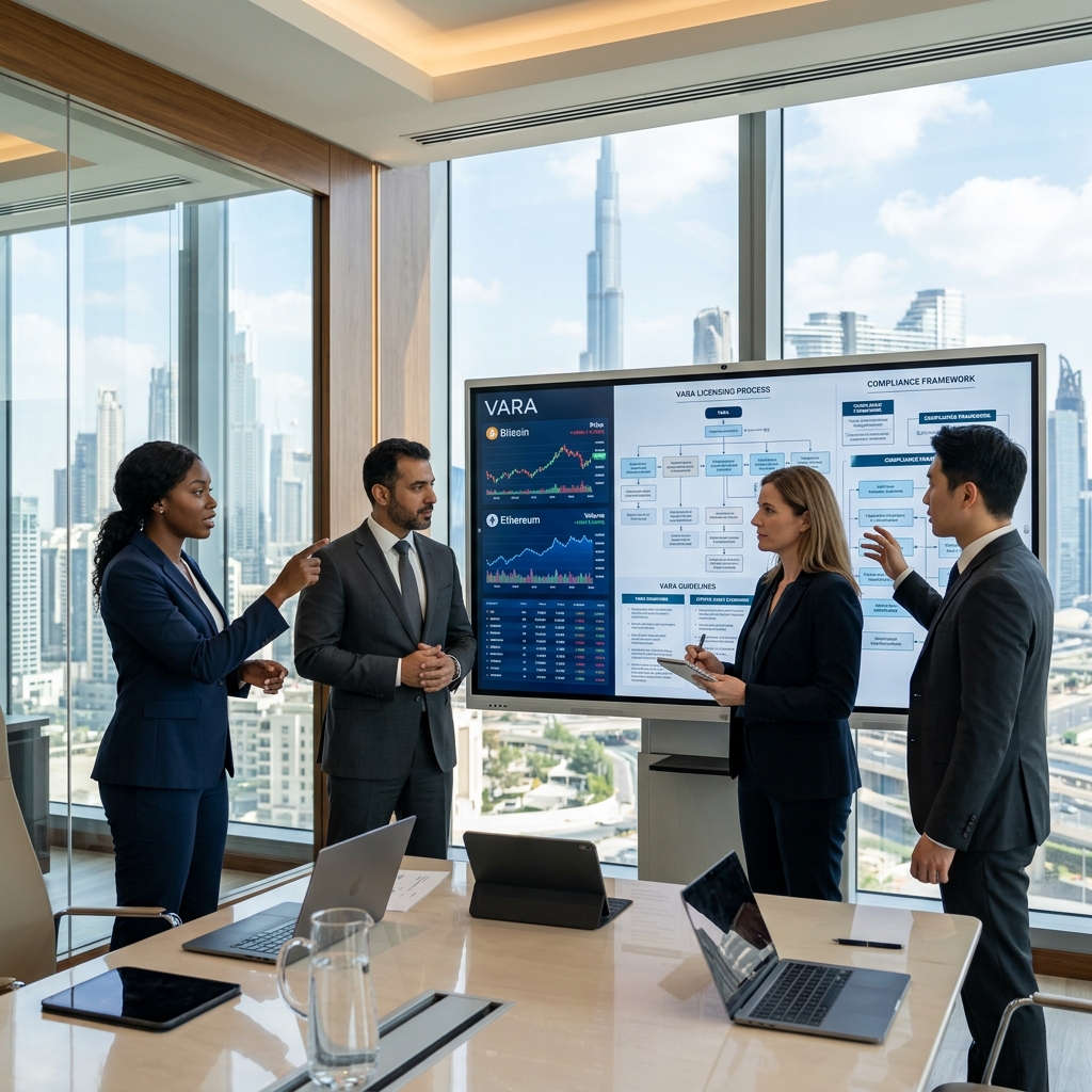BWMC consultants in a modern Dubai office reviewing VARA compliance on a digital screen