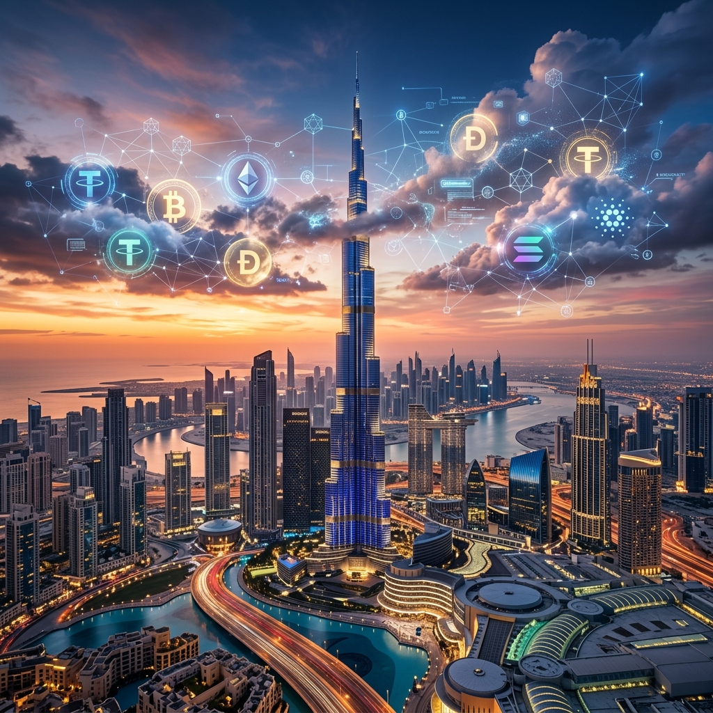 Futuristic Dubai skyline with digital blockchain holographic overlays